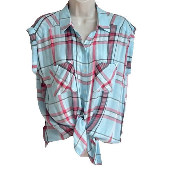 NWT Express Cap Sleeve High Low Plaid Button Down Top Blue Red M Lightweight - Picture 1 of 8
